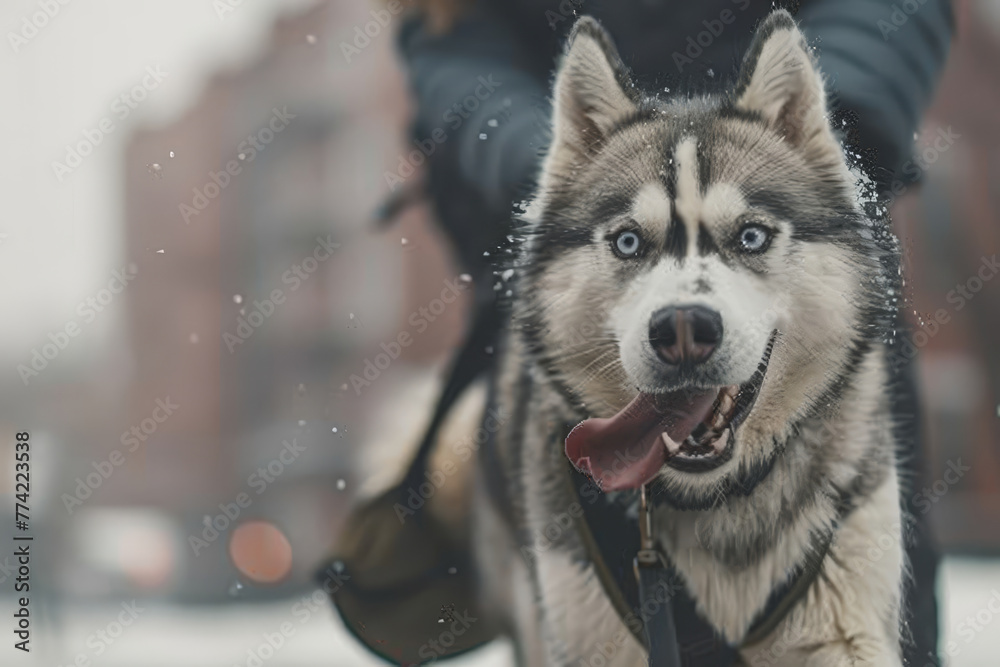 A joyful Husky with striking blue eyes is enjoying a snowy day, as delicate snowflakes fall around its fluffy coat..