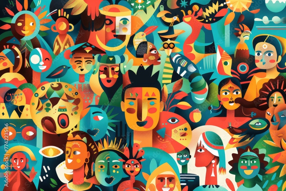 A colorful collage of people with different faces and expressions