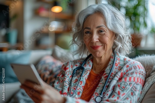 A cheerful senior woman is comfortably sitting at home and using a digital tablet with a smile