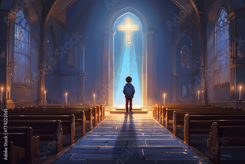 Little christian boy standing alone in the church altar, light rays coming through the window photo