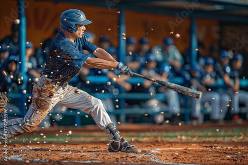 A baseball player in a dynamic pose is mid-swing with sparks flying, capturing the action of the sport