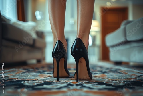A glamorous depiction of a woman's legs in high heels, accentuating style and fashion on a decorative carpet