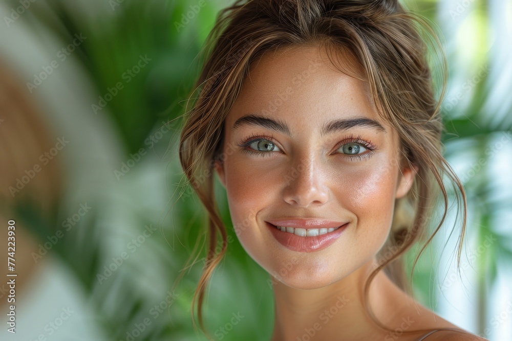 A happy young woman smiling with a blurred tropical background behind her