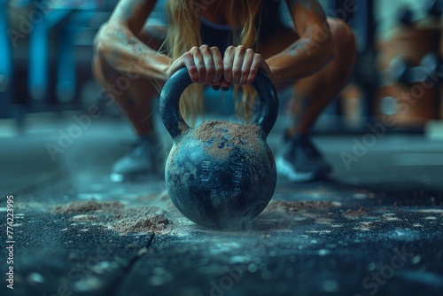 Intense workout captured in a photo showing a focused athlete's hands gripping a weathered kettlebell photo