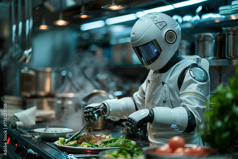 A futuristic robot chef preparing a meal with fresh vegetables in a steamy, modern kitchen environment. A futuristic robot chef preparing a meal with fresh vegetables in a steamy, modern kitchen environment.