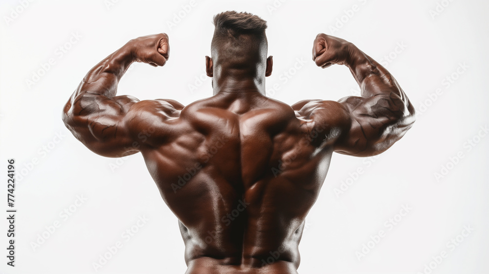 Fototapeta premium Back view of strong bodybuilder flexing biceps and arm muscles. Athletic sportsman showing results of workout in gym. Isolated on white studio background. Concept of strength and bodybuilding.