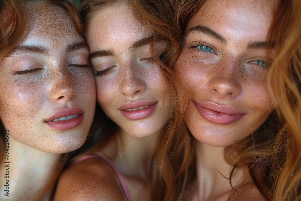 Three young women with freckles hugging closely in a friendly embrace Three young women with freckles hugging closely in a friendly embrace