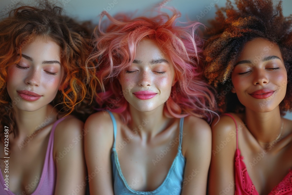 A serene moment with a group of diverse women resting together, eyes closed with vibrant colored hairstyles A serene moment with a group of diverse women resting together, eyes closed with vibrant colored hairstyles