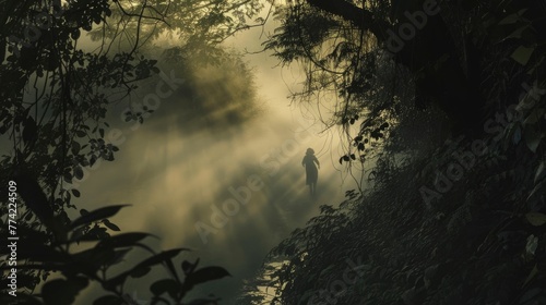 A person is walking through a forest with foggy mist