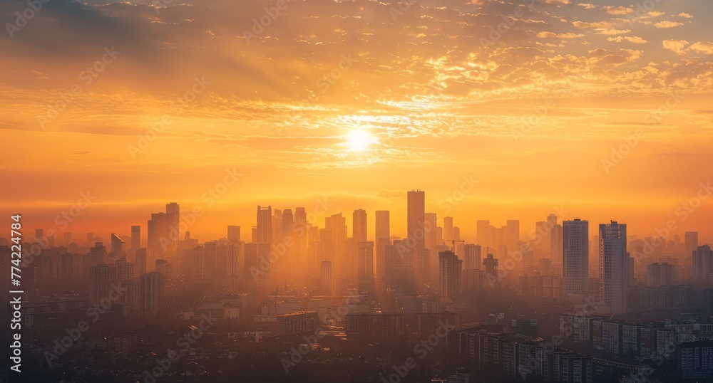 Urban skyline at sunrise, with the silhouettes of buildings set against a sky of warm hues, heralding the start of a new day.