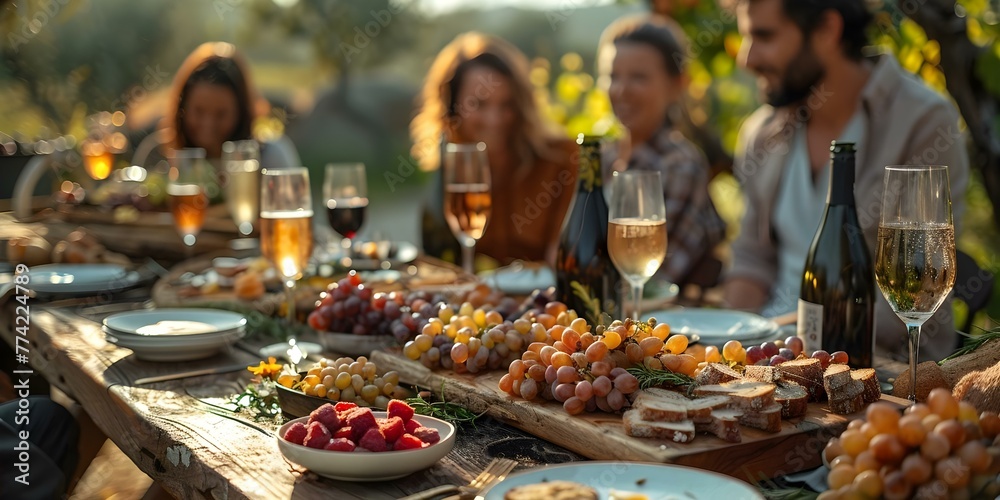 Socializing with Champagne and Appetizers in a Vineyard. Concept Vineyard Events, Wine Tasting, Social Gatherings, Champagne Pairings, Appetizer Delights