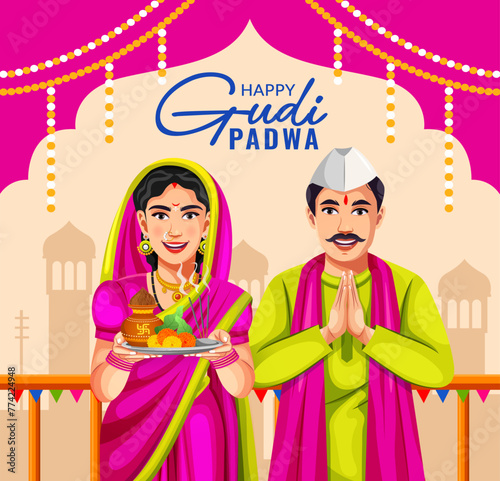 Happy Gudi Padwa Maharashtrian New Year festival greeting card design template