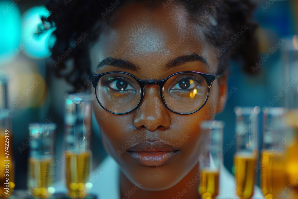 A powerful portrait of a female scientist wearing glasses with lab vials and equipment in her backdrop A powerful portrait of a female scientist wearing glasses with lab vials and equipment in her backdrop