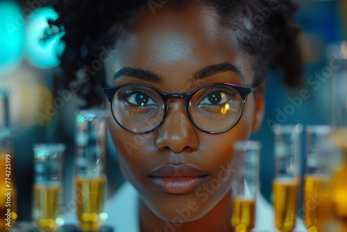 A powerful portrait of a female scientist wearing glasses with lab vials and equipment in her backdrop