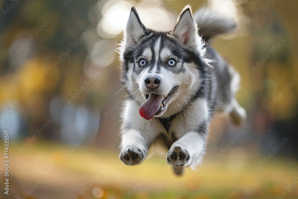An energetic Siberian Husky running towards the camera with a playful owner chasing behind on a sunny winter day.
