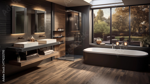 Salle de bain moderne et élégante. Baignoire, architecture, plante, déco, luxe. Arrière-plan pour conception et création graphique. © FlyStun