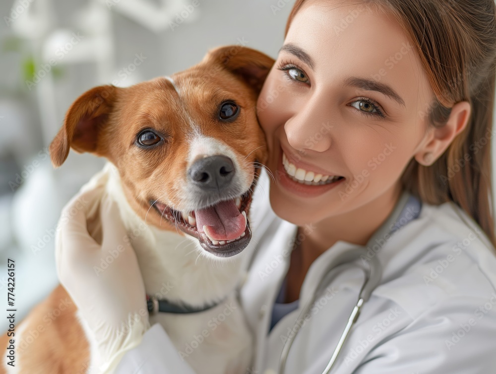 A smiling veterinarian examining a dog's teeth in a bright examination room A smiling veterinarian examining a dog's teeth in a bright examination room