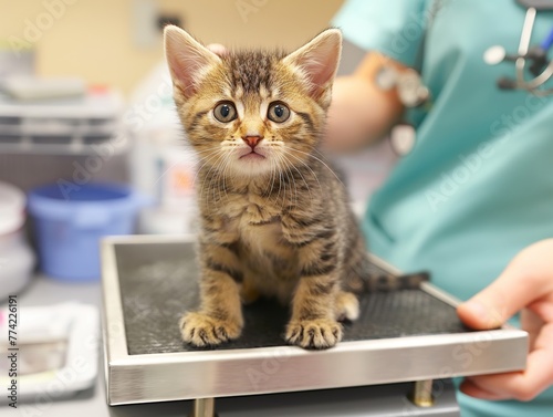 A veterinary assistant weighing a curious kitten on a scale in the exam room