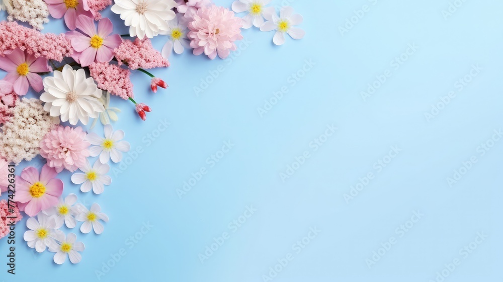 Obraz premium Closeup beautiful flowers in pastel colors on a blue background. Greeting card, Mom`s day, wedding invitation, birthday .Copy space