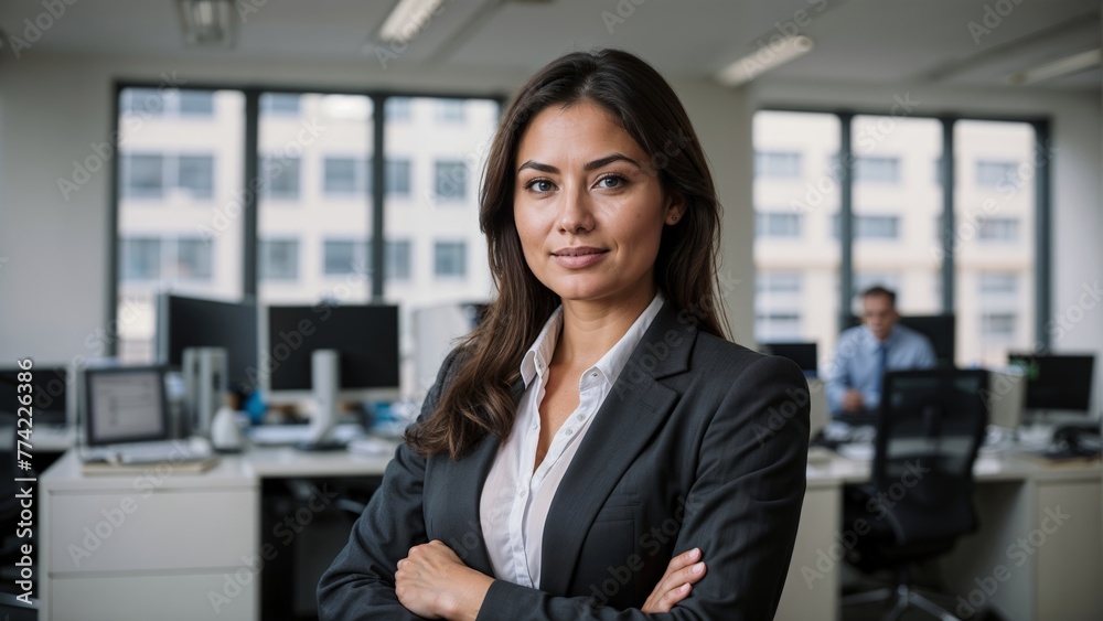 Portrait of confident businesswoman looking at camera in office with colleagues in the background