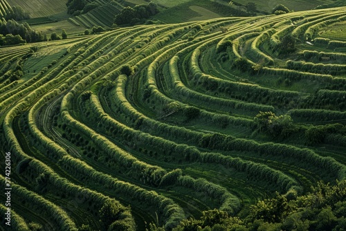 A large field of grass forms intricate maze-like patterns, creating a visually striking agricultural landscape