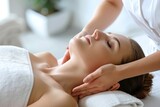 Luxurious spa treatment with relaxing facial massage and skincare, close up portrait of young woman enjoying pampering session