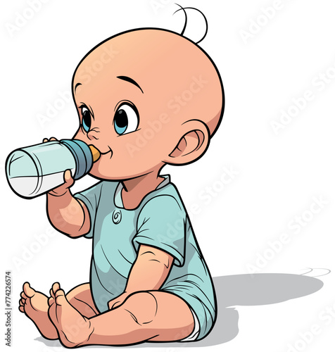 Cartoon Newborn Holding a Baby Bottle and Sitting on the Ground - Colored Illustration Isolated on White Background, Vector © Roman Dekan