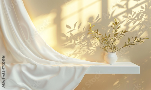 Elegance Displayed White Luxurious Fabric Draped Elegantly Beside a Matching Pedestal Podium