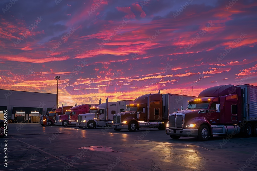 A group of cargo trucks parked in a distribution center parking lot while drivers load and unload goods