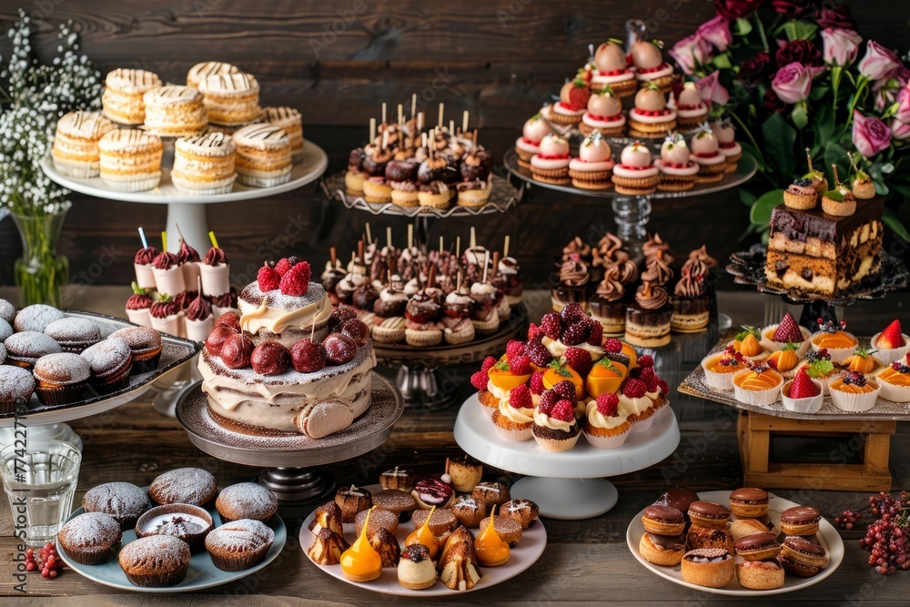 A table overflowing with a variety of cakes and desserts, creating a delectable and enticing spread