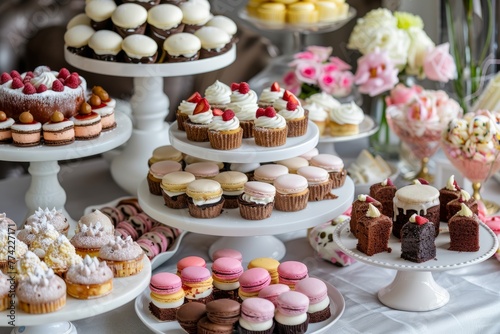 A table covered in a delightful assortment of cakes and cupcakes, creating a tempting and sweet display