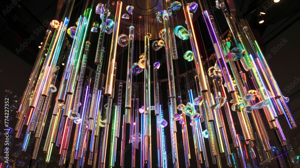 A large, colorful chandelier made of glass and metal A large, colorful chandelier made of glass and metal