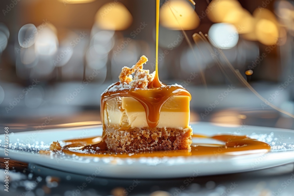 Closeup of a piece of cheesecake on a plate being drizzled with caramel sauce, creating a rich and indulgent dessert