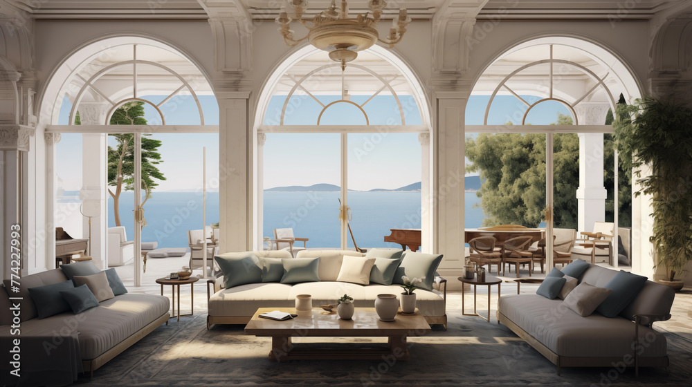 Fototapeta premium Maison d'architecture moderne, villa de luxe avec balcon vue sur la mer. Maison de style Méditerranée. Arrière-plan pour conception et création graphique.