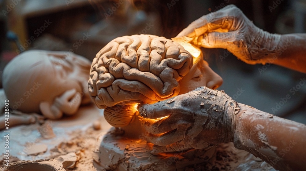 Hands sculpting clay brain nurturing intellect Hands sculpting clay brain nurturing intellect