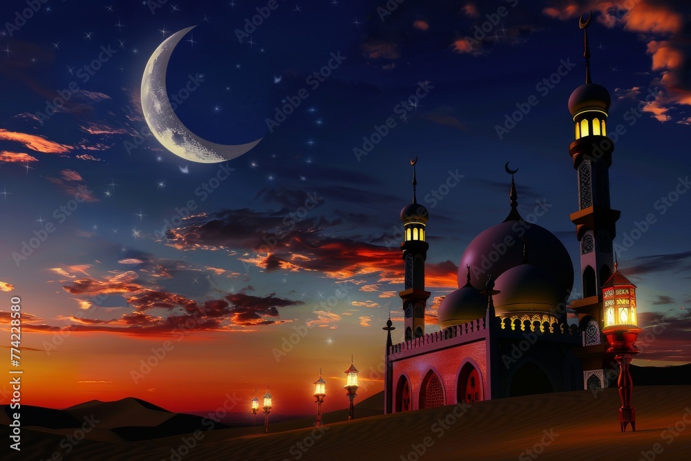 View of a mosque with a crescent moon in the sky