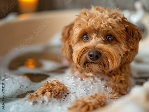 A dog enjoying a relaxing spa day with a bubble bath and pampering session