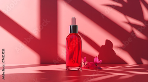 Elegant Red Glass Dropper Bottle on a Pink Background for Cosmetic Use