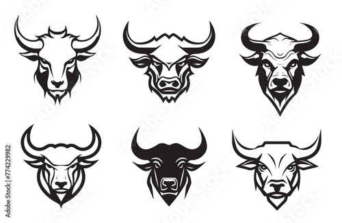 Angry bull head logo, detailed black outline vector illustration, isolated on background.