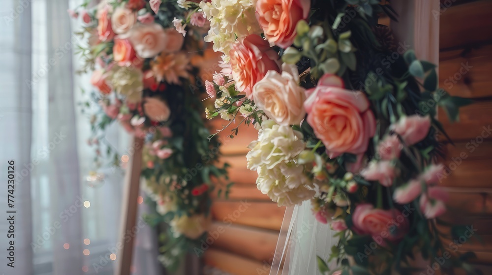 Fototapeta premium Wedding decorations marriage decor rustic style bridal arch and flowers, selective and soft focus
