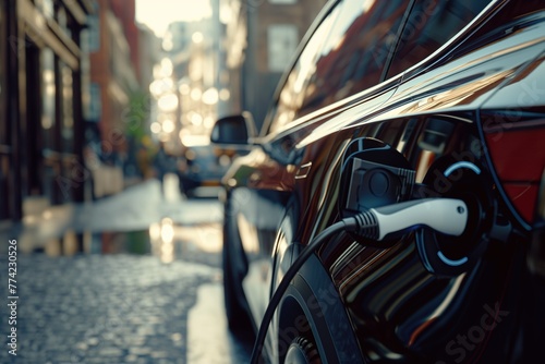Closeup of an electric vehicle charging on the street, with other vehicles in...