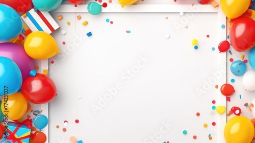 White frame with colorful accessories for birthday party with copy space. Flat lay. Holiday concept with bows, straws, cndies, baloons and confetti