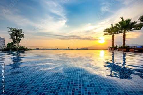 Infinity pool with blue tiles, sunset view beautiful sky and clouds, palm trees, sun reflecting on water surface, city skyline in background. Modern hotel lounge area