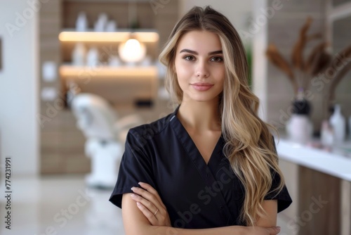 Portrait of beautiful woman in medical black uniform standing with arms crossed. Working as beauty therapist and skin care professional, modern spa salon on background.