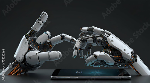 Cyborg robotic hand operated smartphone 3D rendering .Generative AI