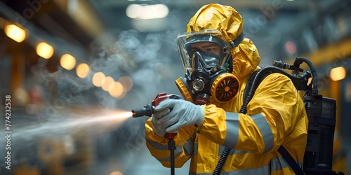 Hazmat worker disinfecting car interior with steam heat and spray. Concept Disinfection, Hazmat Worker, Steam Heat, Spray, Car Interior photo