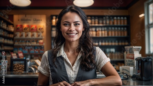 Portrait of smiling waitress standing at counter in coffee shop and looking at camera photo