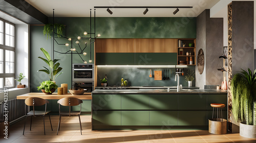 Modern Kitchen with Green Cabinets and a View of the Forest