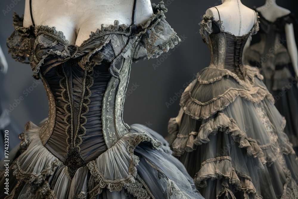 Close-up view of vintage corseted dresses on mannequins depicting antique fashion.