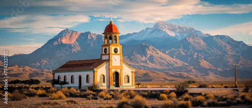 Scenic Small Church in the Andes Mountains Glowing Under the Warm Sunset Light with Majestic Mountain Peaks in the Background photo